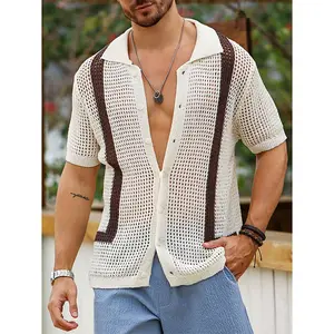 Custom Design Mens Summer Hollow Out Button Up Knit Sweater Short Sleeve Cardigan Knitwear Polo T-Shirt Knitted Crochet Shirt