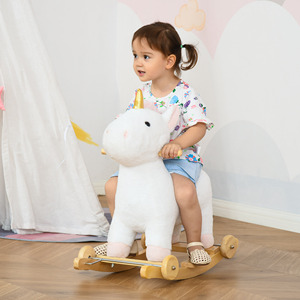 HOMCOM Cheval à bascule licorne pour enfants avec base incurvée et roues, cheval à bascule 2 en 1 avec sons intégrés et couverture en peluche, pour enfants - Product Image 2