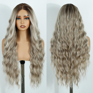 Onda de agua Ombre <span class=keywords><strong>Rubio</strong></span> Pelo sintético Pelucas largas Fibra resistente al calor Onda natural HD Encaje por pelucas sintéticas sin pegamento desplumado - Product Image 1
