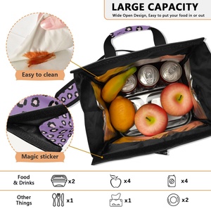 Sac à lunch isotherme pliable et réutilisable à motif léopard violet, faible MOQ, durable, avec logo personnalisé, sac à lunch portable pour femmes - Product Image 6