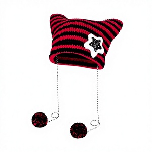 MADESHINE Y2K Bonnet d'hiver en jacquard rayé, tricoté, avec oreilles de chat mignonnes, croix étoilée, cornes de <span class=keywords><strong>diable</strong></span>, chaud, crocheté, broderie 3D, plage - Product Image 4