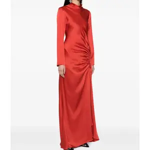 New Design Maxi Long Sleeve Stand Collar Maxi Custom Elegant Satin Dress For Women