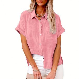 Chemise décontractée pour femme, nouvelle collection été 2025, respirante, écologique, ample, vintage, unie, col rabattu, manches courtes, logo sur le devant - Product Image 3