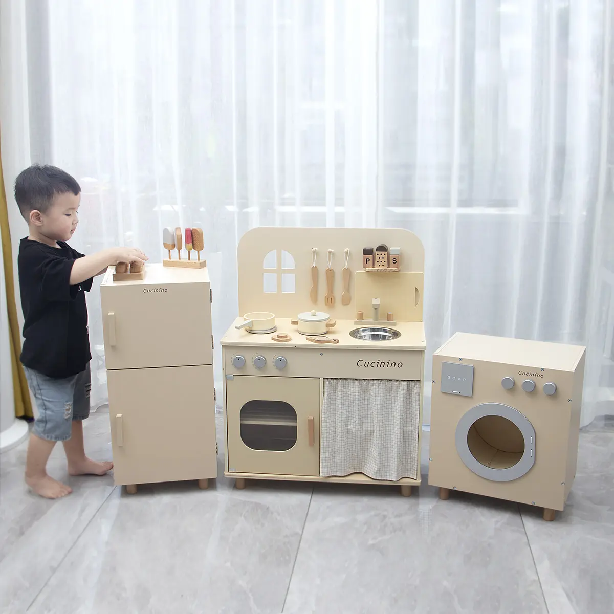 Machine à laver en bois pour enfants, réfrigérateur Montessori cuisine cadeau de noël, faire semblant de jouer activités pour tout-petits