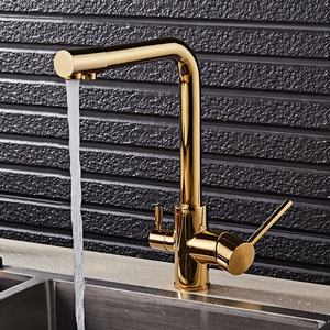 In ottone Deck Mounted <span class=keywords><strong>Oro</strong></span> 3 Vie Kitchen Sink Faucet Mixer Dual Maniglia Dorata Sano Bere Cucina Rubinetti Acqua GF1501 - Product Image 2