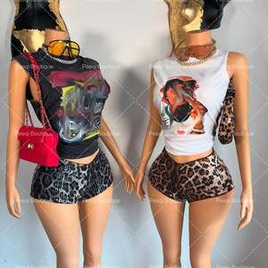 Peeqi estate <span class=keywords><strong>Sexy</strong></span> da <span class=keywords><strong>donna</strong></span> con costine di cotone t-Shirt/Top corto e Shorts leopardati 2 pezzi Set da <span class=keywords><strong>donna</strong></span> Vintage completi da <span class=keywords><strong>donna</strong></span> - Product Image 1