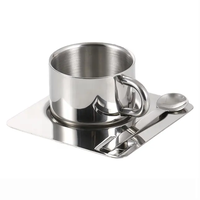 Ensemble de tasses à café en acier inoxydable 304, tasse à café en métal avec cuillère à mélanger et assiette, tasse à lait et à thé réutilisable