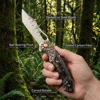 Couteau pliant de poche Damas, couteau tactique de camping en plein air, couteau EDC avec manche en fibre de carbone doré pour hommes, vente en gros personnalisée DM039