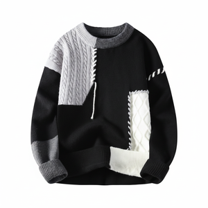 Pull en tricot patchwork pour hommes pull chaud d'hiver décontracté noir gris blanc bloc de couleur mode col rond tricots doux - Product Image 1