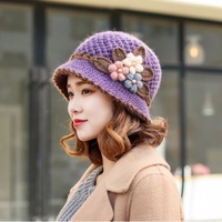 Sombrero de Pescador de Lujo Elegante Tejido a Mano para Mujer, Gorro Vintage de Invierno Cálido con Flores, Sombrero Cloche Suave de Ganchillo, Gorra de Moda Tipo Bote