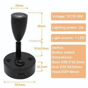 Phòng ngủ hiện đại tường <span class=keywords><strong>LED</strong></span> đọc sách ánh sáng cho RV du thuyền DC <span class=keywords><strong>12V</strong></span> Spotlight với USB sạc cổng Đèn tường cho RV Camper Motorhome - Product Image 4