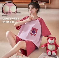 Piyama Wanita Baru dengan Pinggang Elastis untuk Musim Panas, Motif Garis Eksplosif, Lengan Pendek, dengan Bantalan Dada, Setelan 2 Potong untuk Bersantai
