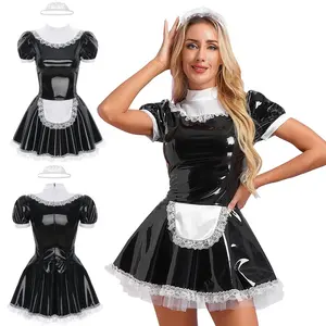 Womens Glossy bằng sáng chế da A-line Puff tay áo Mini Dress giai điệu Maid DRESS cho hẹn hò đêm clubwear