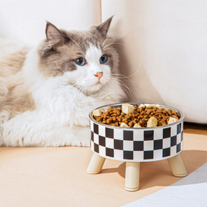 Elevated <b>Cat</b> Bowl Checkered Design Stainless Steel Raised <b>Feeder</b> For <b>Cats</b> With Four Legs - Product Image 1