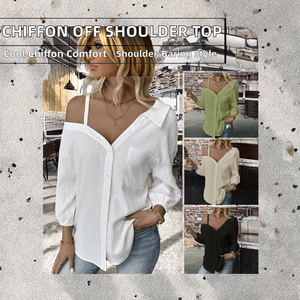 Women Blouses Wholesale Three-Quarter Sleeve Embroidery Casual <b>Off</b>-the-Shoulder Lapel Texture Breathable Eco-Friendly - Product Image 2