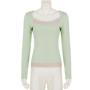 Pure Gentle Ruffle Color Block <b>Square</b> <b>Neck</b> Slimming Knit <b>Long</b> <b>Sleeve</b> Comfort Versatile New Hot Girl <b>Top</b> for Women - Product Image 6