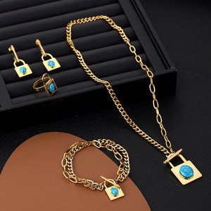 ステンレススチール ターコイズ ブレスレットセット ジョーカーネックレス スクエアペンダントチャーム 4点ジュエリーセット - Product Image 4