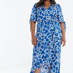 2023 Custom Curve Royal Blue Print Warp Formal Elegant Casual Dresses