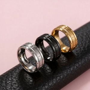 패션 8mm 벽돌 패턴 스테인리스 스틸 반지 남성용 블랙 브러시드 더블 그루브 남성 약혼 반지 웨딩 밴드 주얼리 - Product Image 1