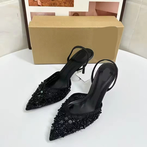 2025 Summer New Women's Pointed Toe High Heels <strong>Slippers</strong> Sexy <strong>Beaded</strong> Inlaid <strong>Mesh</strong> Exposed Heels Sandals Outdoor Style - Product Image 1