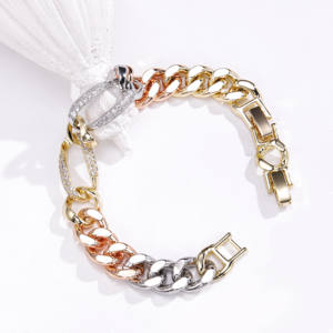 Proveedor de Joyería CM Joyeria Pulsera de Cadena Cubana Chapada en Oro de Alta Calidad para Mujer Pulsera Tricolor de Moda con Circonitas - Product Image 4