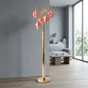 Elegante Lámpara de Pie con Forma de Tulipán de Cristal Floral, Portalámparas E26, Marco de Metal Dorado, Lámpara de Pie para Bodas y Salas de Exhibición - Product Image 1