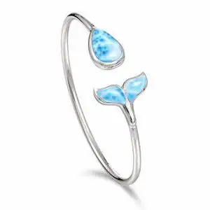 925 Sterling Silver High Polished Natural Caribbean Larimar Gemstone Solid Finish Design Back Bangle Bracelet