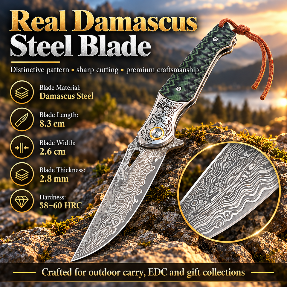 Damascus Steel Folding Knife G10 Handle Pocket Knife Engraved Pattern ...