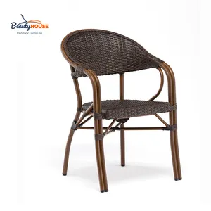 Bamboo Wooden Look Double Foot Tube Cast Aluminum Garden Furniture French Style Outdoor Bistro Rattan Chairs