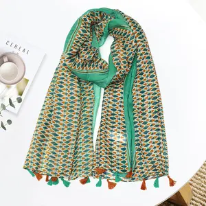 Лидер продаж, длинный шарф shwals с геометрическим принтом и кисточкой, Женский хиджаб, мусульманский зеленый ромбовидный полностью печатный тюрбан, накидка на голову