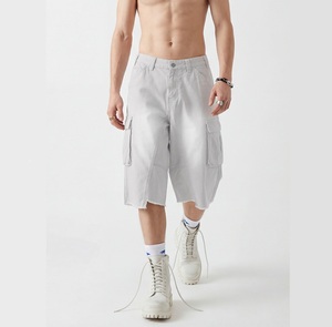 Pantalones Cortos Cargo Negros para Hombre, Cintura Media, Estilo Workwear de Lona con Bolsillos, Transpirables, Cierre de Botón, Largo Bermuda, Color Sólido - Product Image 5