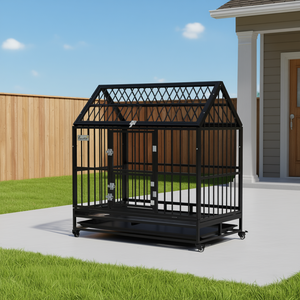 Cage pour chien PawHut 48 pouces, métal robuste, extérieur, taille XL, pour chiens de grande taille, double porte, plateau amovible, roues verrouillables - Product Image 2