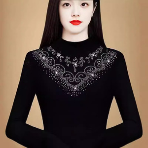 Women's Knit <b>Top</b> Black Long Sleeve Semi High Collar Rhinestone Embellished Soft Polyester Fleece Lined Autumn Winter Base <b>Layer</b> - Product Image 3
