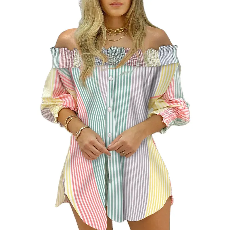 ODF0029 Off Shoulder Ruched Button Design Casual Tops 2022 Women Fashion Striped Print Shirt Lady Long Sleeve Blouse