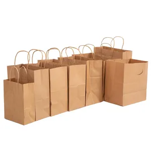 Recycle custom printed logo square bottom brown kraft plain paper bags for clothing for fast food take-away with window