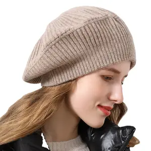 Usine 2024 hiver disquette chaud doux casquette 100% laine tricoté bonnet chapeaux couleur unie tricoté béret chapeau étiquette personnalisée