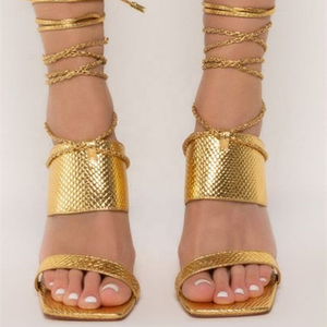 Sandales d'été 2022 personnalisées en cuir serpent doré à lanières, chaussures à talons fins pour femme à bout carré et brides croisées, taille 43 - Product Image 2
