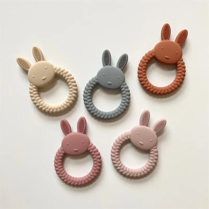 Toptan yeni tasarım toksik olmayan gıda sınıfı tavşan silikon diş kaşıyıcı tavşan kulak silikon diş kaşıyıcı oyuncak