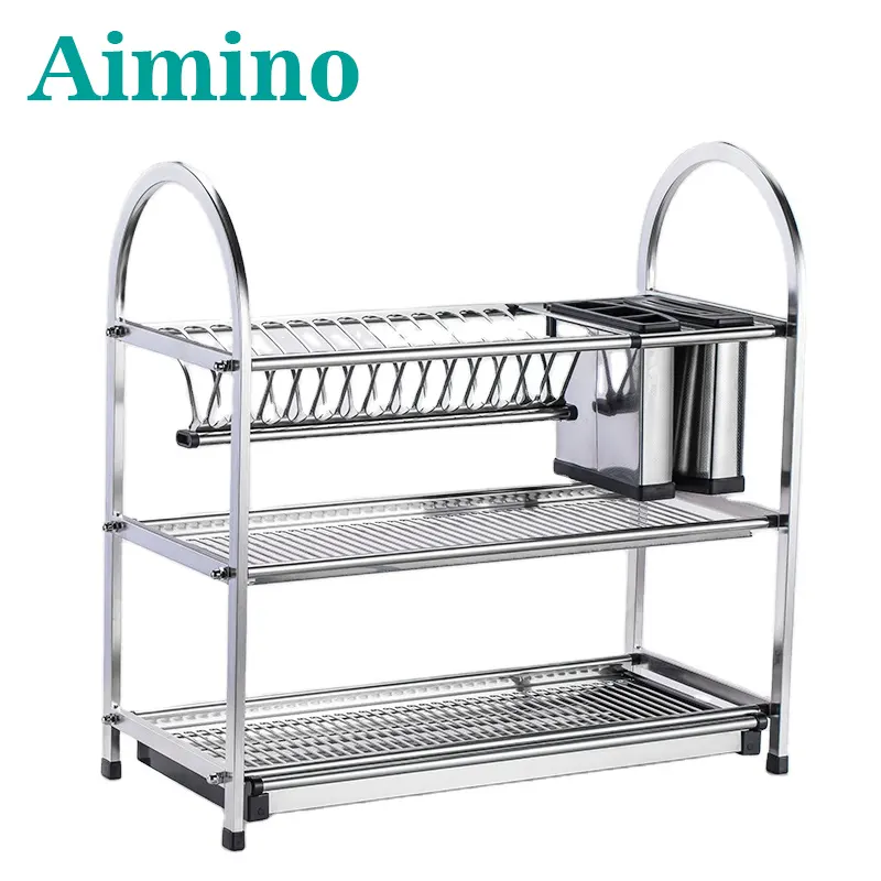 AIMINO OEM नई रसोई रैक डिजाइन 3 स्तरों धातु स्टेनलेस स्टील पकवान सुखाने रैक रसोई ठंडे बस्ते में डालने