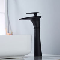 Robinet de lavabo cascade noir à poser sur le comptoir, tout en laiton, monotrou, eau froide et chaude, pour lavabo de table