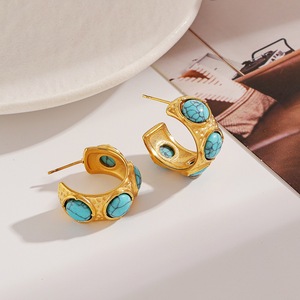 Huggie <b>Earrings</b> Gold Plated <b>Turquoise</b> Oval Geometric <b>Stud</b> For Women - Product Image 1