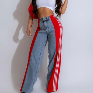 Moda geniş bacak baharat Gyrl kot kadınlar için benzersiz tasarım ile üç çizgili Denim pantolon - Product Image 1