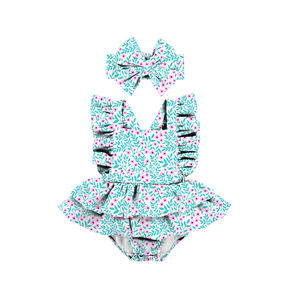 Vêtements pour bébé fille pas chers, barboteuse à volants et bretelles pour nouveau-né, barboteuse à petites fleurs bleues, vente en gros, vêtements d'été - Product Image 1