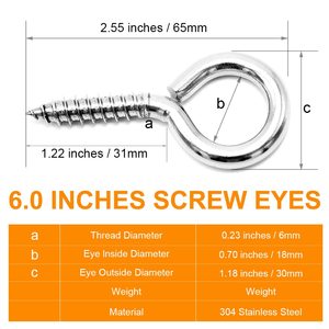 Tornillos de <span class=keywords><strong>Ojo</strong></span> de Acero Inoxidable 304 de 2.5 Pulgadas M6, Ganchos de <span class=keywords><strong>Ojo</strong></span> de Alta Resistencia para Colgar Cables de Madera, Fijación Segura en Interiores y Exteriores - Product Image 2