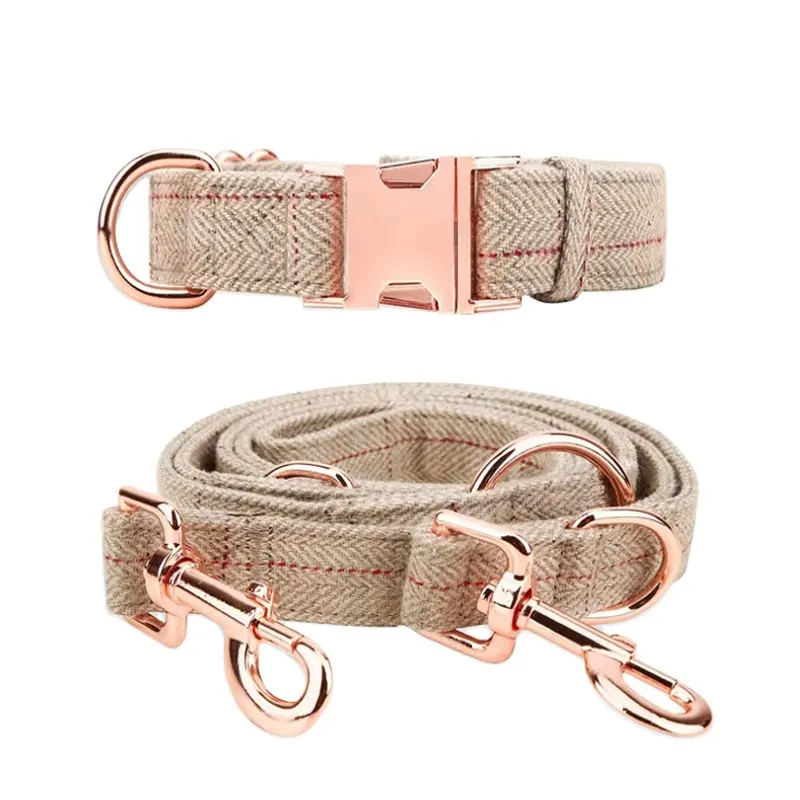 Ensemble col et laisse en Tweed avec Logo personnalisé, boucles en or Rose, réglables à 3 longueurs différentes