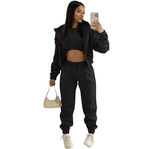 Pakaian Wanita Musim Gugur Musim Dingin Crop Top Set <span class=keywords><strong>3</strong></span> Potong Hoodies Pakaian Joging Pinggang Tinggi Kardigan Sweter Lengan Panjang 2 Potong Set - Product Image 4