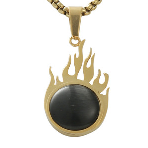 Collier pendentif flamme en acier inoxydable pour homme, design géométrique rétro punk, sertissage clos de pierre précieuse noire 120143 - Product Image 2