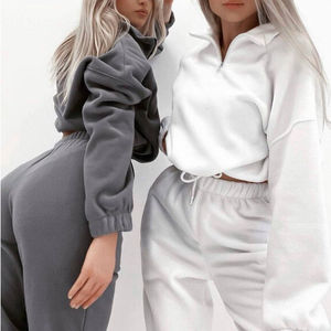 RUICHI kadın moda uzun kollu spor giyim seti düz renk yarım Zip polar kazak ve pantolon 2-Piece kıyafet - Product Image 1