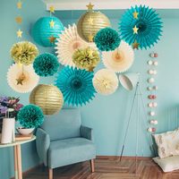 Décorations de fête bleu turquoise et or, lanternes bleues, pompons, éventails en papier, décorations étoiles crème et or pour anniversaire, mariage, fiançailles