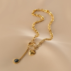 Mode En Acier Inoxydable Épais Cubain Chaîne OT Boucle Noir Pierre Gland Coeur Charmes Collier Pour Les Femmes - Product Image 5